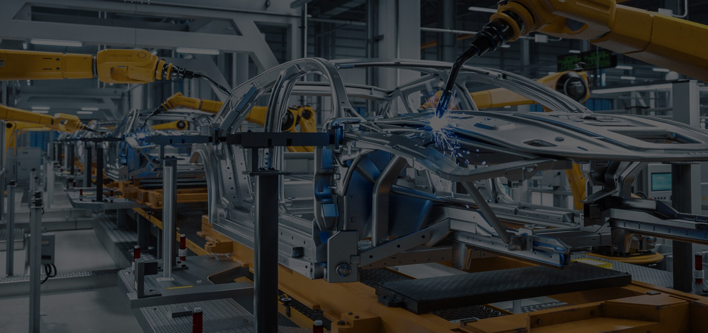 Car Factory 3D Concept: Automated Robot Arm Assembly Line.