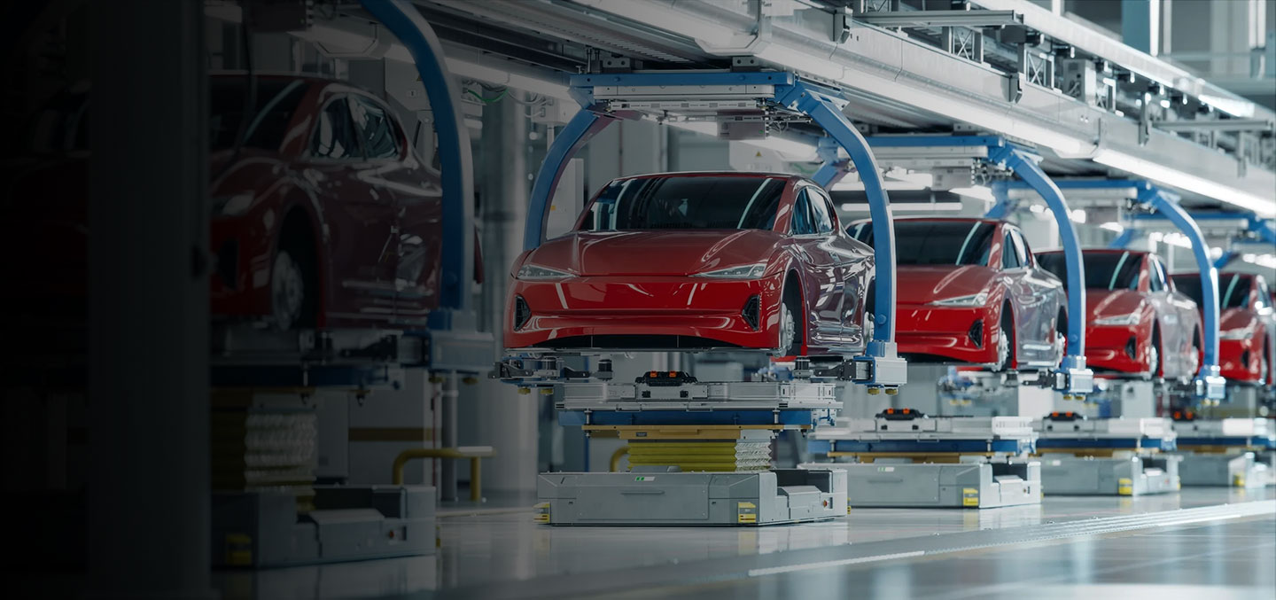 Electric Vehicles on Assembly line in an Automotive Plant. 